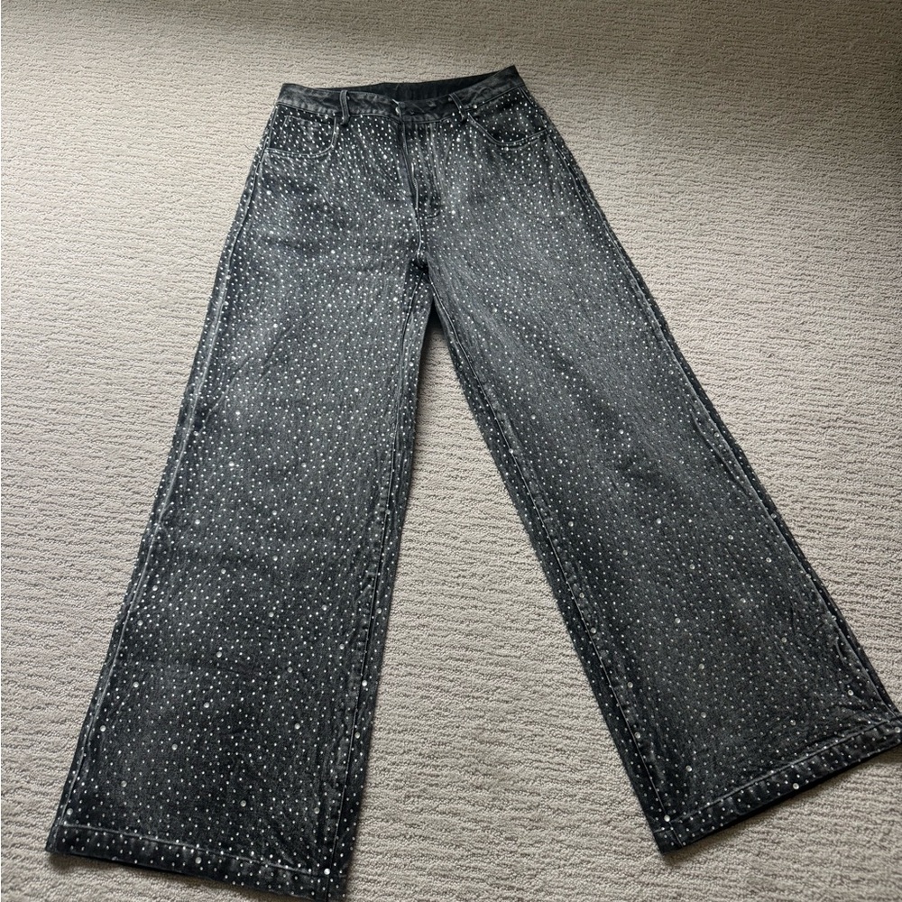 Black Wide-Leg Jeans with Silver Dot Embellishments